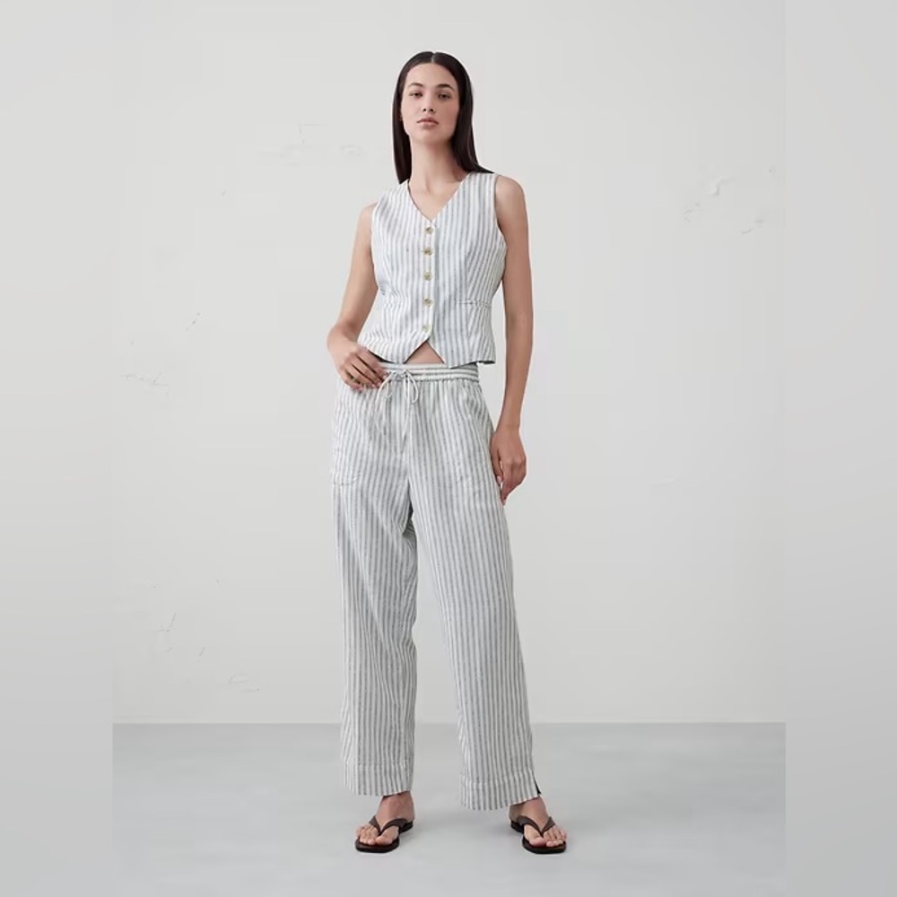 NWT Banana Republic Linen Blend Stripe Pants Large Coastal Drawstring Straight